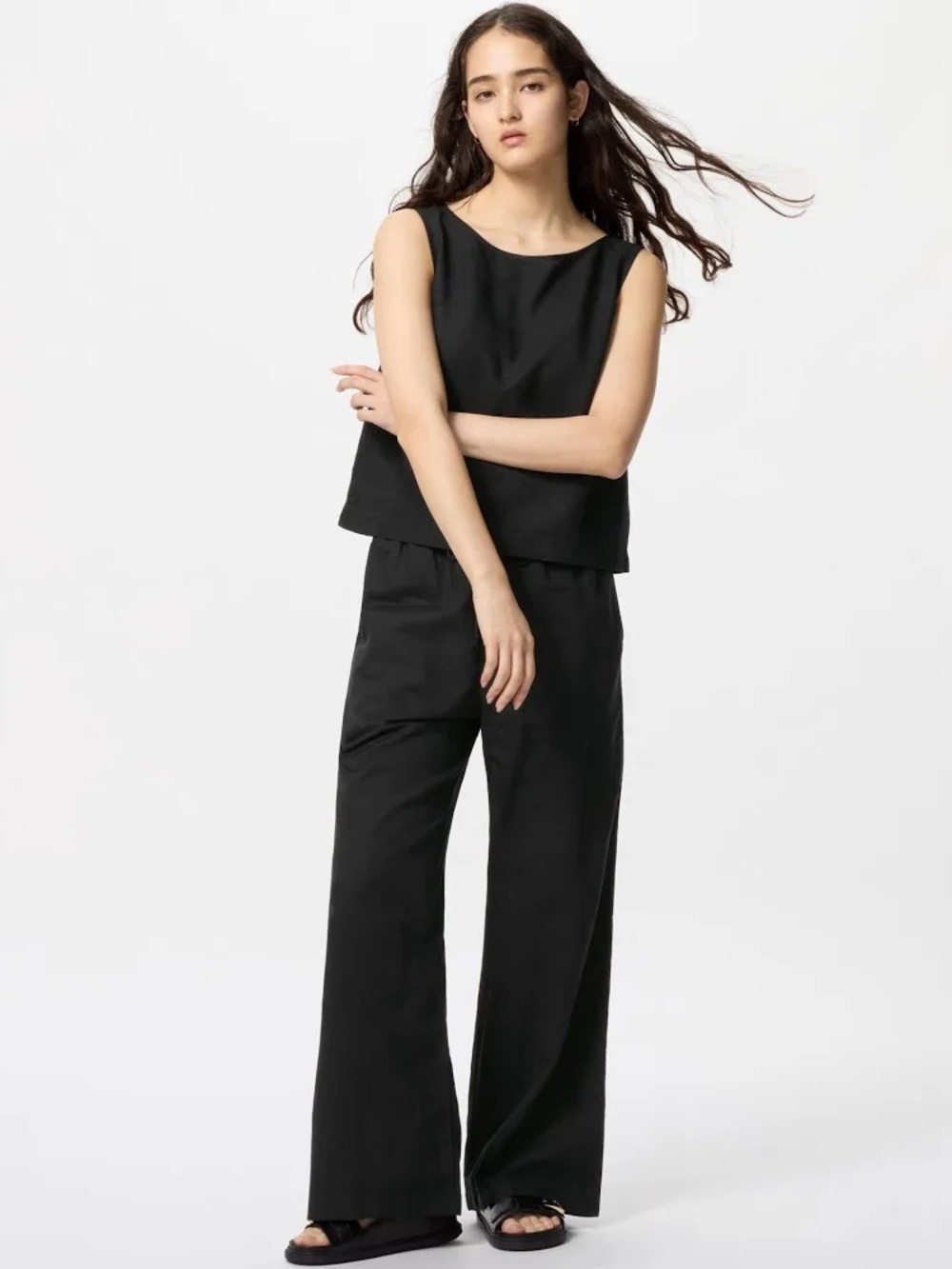 UNIQLO Black Wide-Leg Draw String Linen Pants